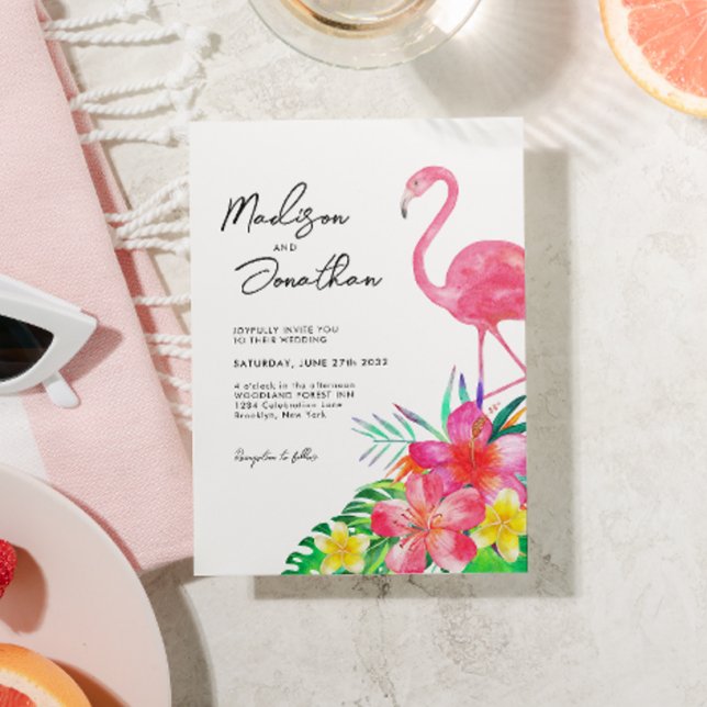 Chic Floral Tropical Paradise Flamingo Wedding Einladung (Von Creator hochgeladen)