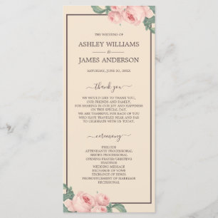 Chic Floral Vintag Pink Rose Elfenbeinhochzeit Programm