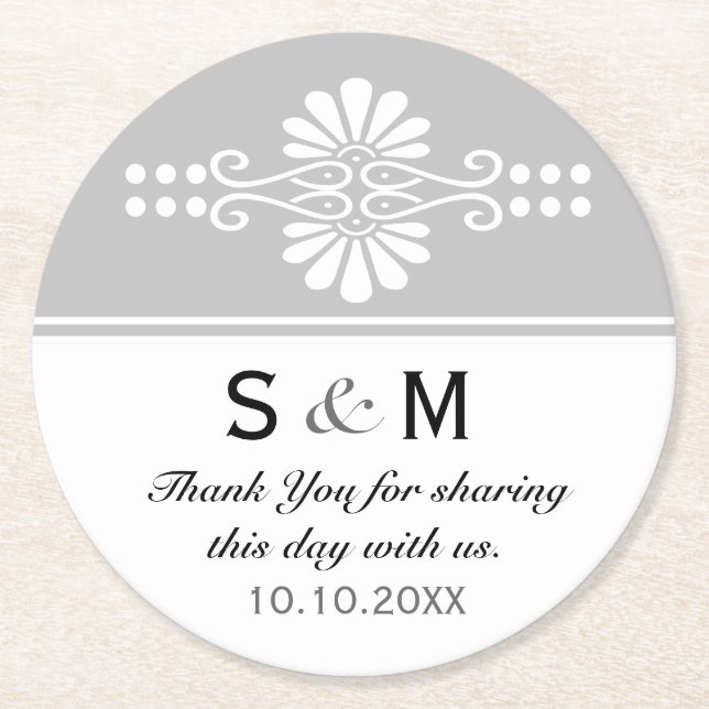 Chic Floral Wedding Danke Monogram:Gray White Runder Pappuntersetzer (Vorderseite)