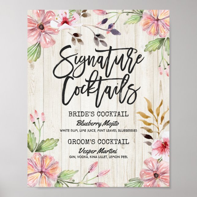 Chic Floral Wedding Signature Cocktail Drink Menü Poster (Vorne)