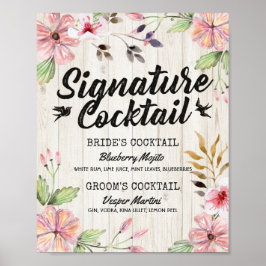 Chic Floral Wedding Signature Cocktail Drink Menü Poster