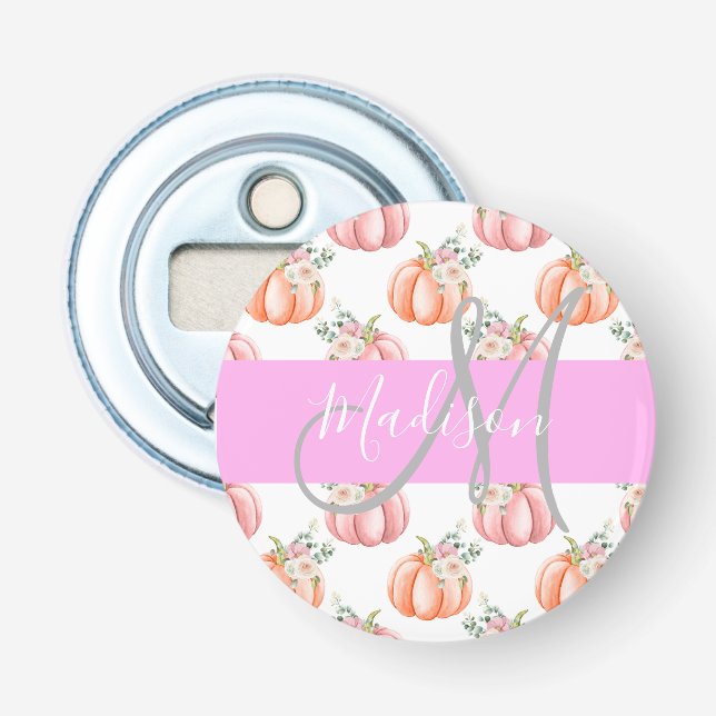 Chic Floral White Pink Peach Pumpkin Monogram Name Flaschenöffner (Vorderseite)
