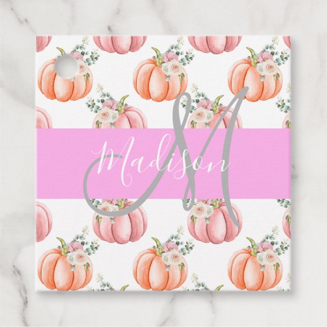 Chic Floral White Pink Peach Pumpkin Monogram Name Geschenkanhänger (Vorderseite)