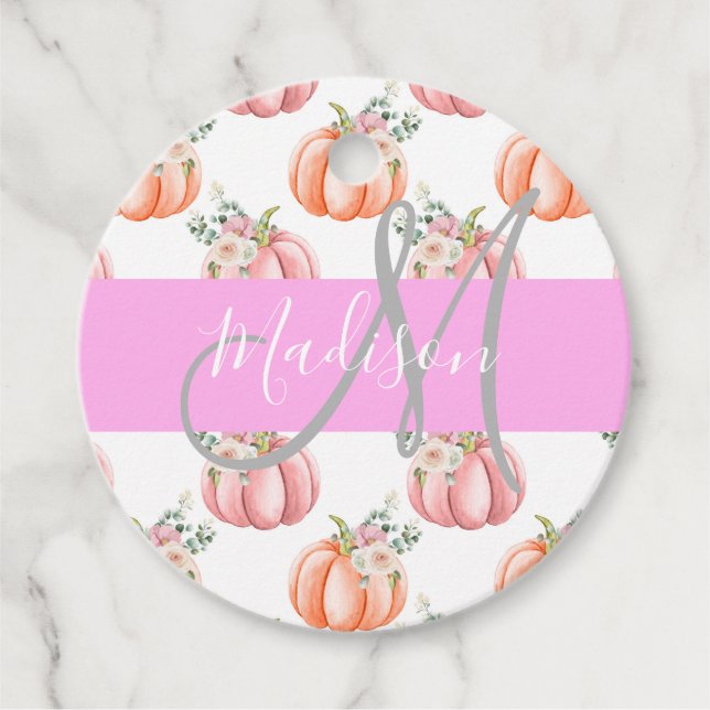 Chic Floral White Pink Peach Pumpkin Monogram Name Geschenkanhänger (Vorderseite)