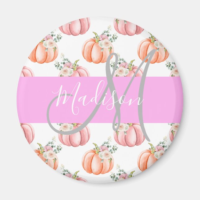 Chic Floral White Pink Peach Pumpkin Monogram Name Magnet (Vorne)