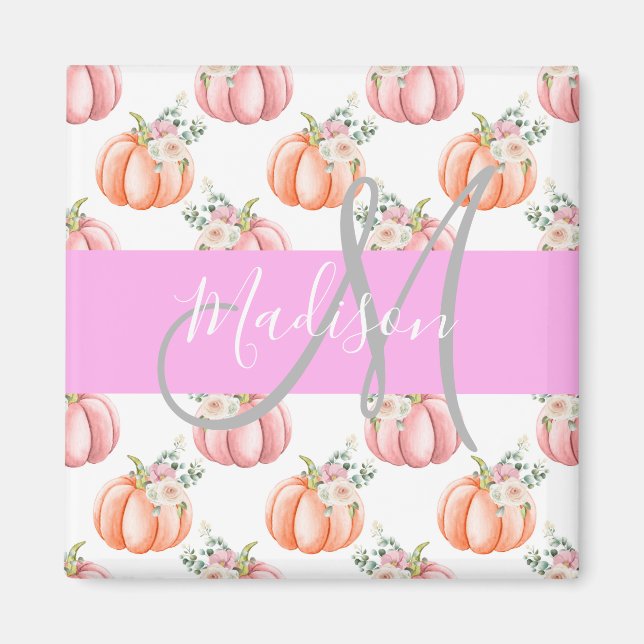 Chic Floral White Pink Peach Pumpkin Monogram Name Magnet (Vorne)