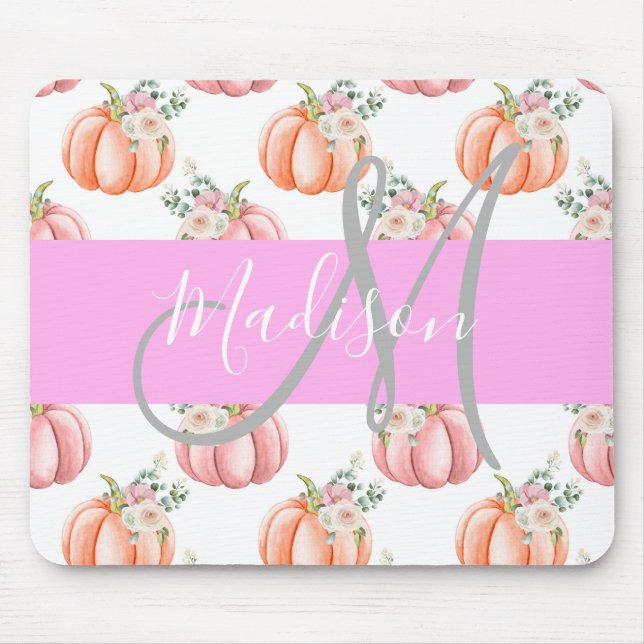 Chic Floral White Pink Peach Pumpkin Monogram Name Mousepad (Vorne)