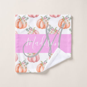 Chic Floral White Pink Peach Pumpkin Monogram Name Waschlappen