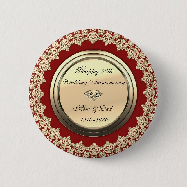 Chic Floral Wirbel Rot 50. Hochzeitstag Button (Vorderseite)