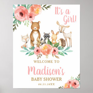 Chic Floral Woodland Animals Baby Dusche Willkomme Poster