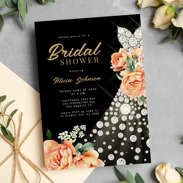 Chic florale Gold Hochzeitskleid schwarzes Brautpa Einladung (Von Creator hochgeladen)