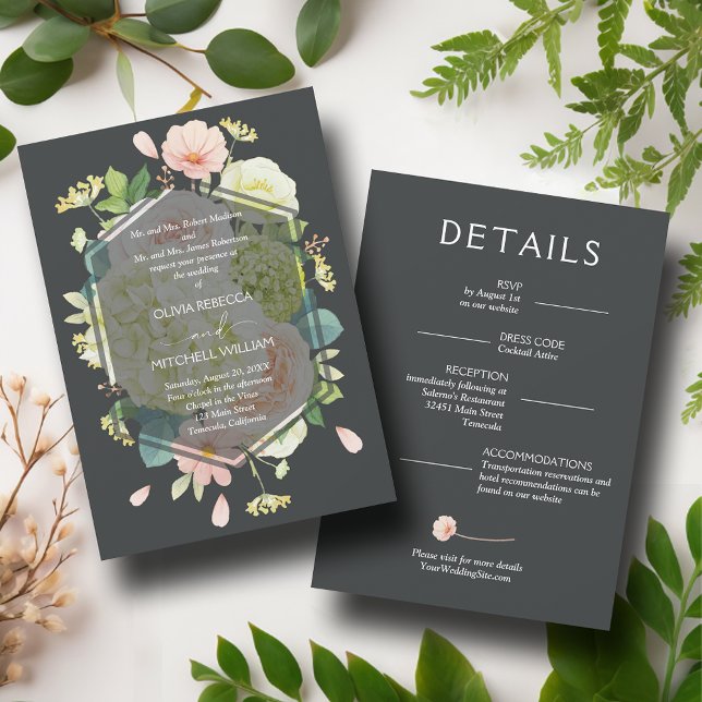 Chic Florals Dark Wedding All in One Einladung (Chic Florals Dark All in One Wedding Invitations with your details on the back)