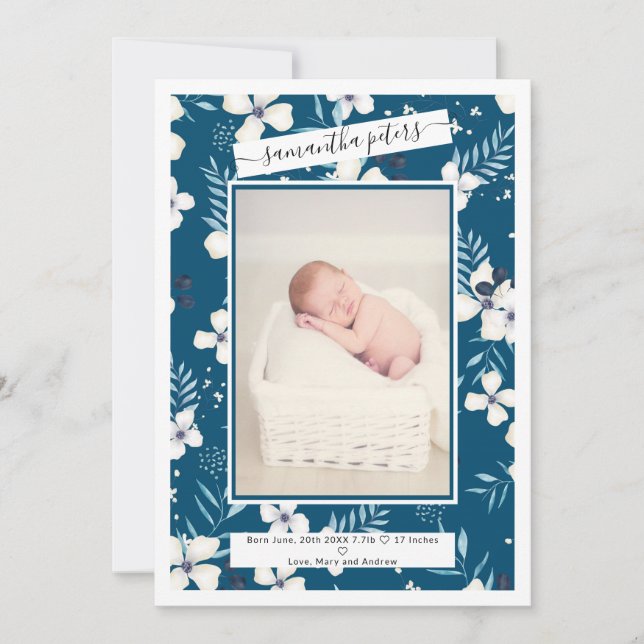 Chic florbeige blaue Aquarell Foto Geburt Ankündigung (Vorderseite)