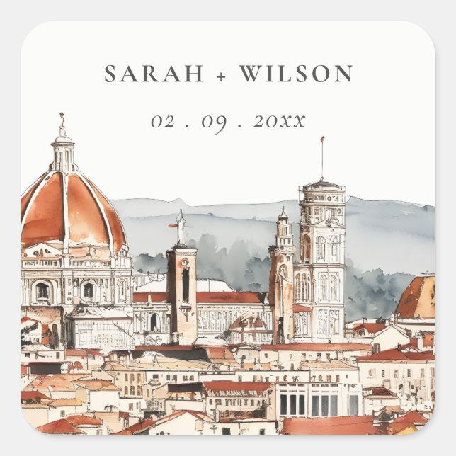 Chic Florence Cathedral Italien Wasserfarbenhochze Quadratischer Aufkleber (Vorderseite)