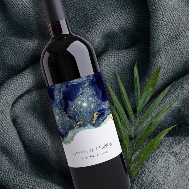 Chic Fluid Abstrakt Ink Gold Navy Glitzer Hochzeit Weinetikett (Von Creator hochgeladen)