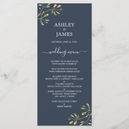 Chic Foliage Dark Blue Botanical Wedding Menükarte