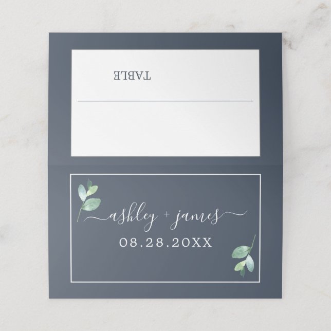 Chic Foliage Dark Blue Custom Wedding Platzkarte (Außenseite Aufgefaltet)