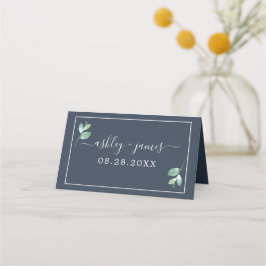 Chic Foliage Dark Blue Custom Wedding Platzkarte