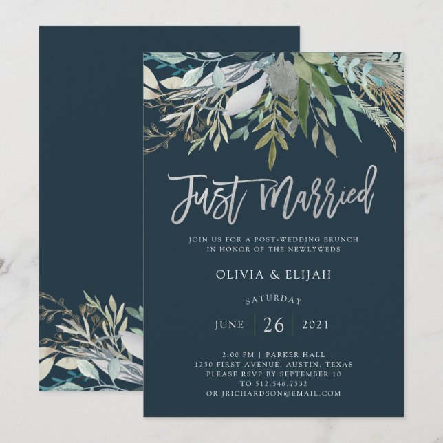 Chic Foliage | Dark Blue Just Married Einladung (Vorne/Hinten)