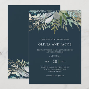Chic Foliage   Dark Blue Wedding Einladung
