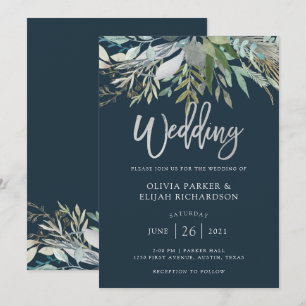 Chic Foliage   Dark Blue Wedding Einladung