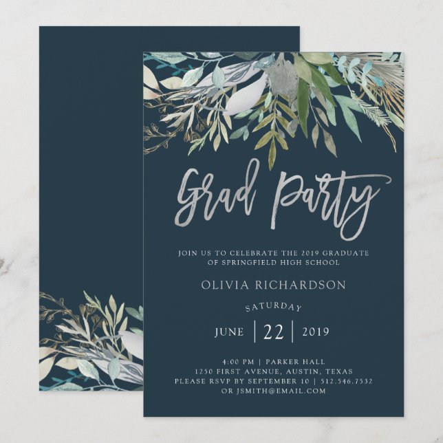 Chic Foliage | Graduierungspartei Silver Script Einladung (Vorne/Hinten)