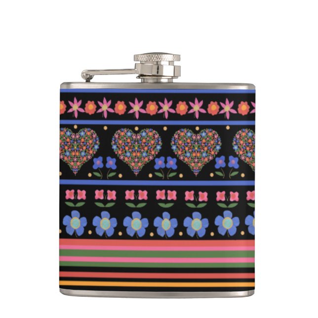 Chic Folk Art Border on Black: Hip Flask Flachmann (Vorderseite)