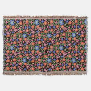 Chic Folk Art Floral on Black Throw Blanket Decke