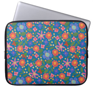 Chic Folk Art Floral on Blue Laptop Sleeve