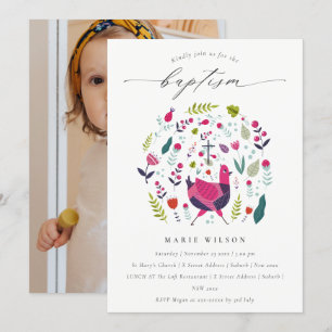 Chic Folk Farm Floral Birdie Foto Taufe einladen Dankeskarte