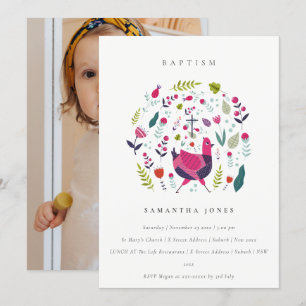 Chic Folk Farm Floral Birdie Foto Taufe einladen Dankeskarte