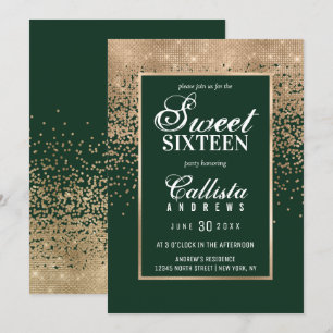 Chic Forest Green Gold Glitzer Confetti Sweet 16 Einladung