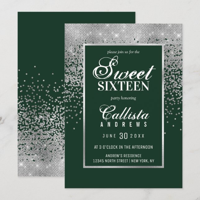 Chic Forest Green Silver Glitzer Confetti Sweet 16 Einladung (Vorne/Hinten)