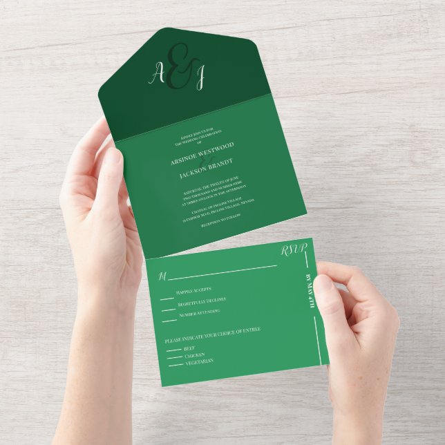 Chic Forest Green Wedding All In One Einladung (Abreißen)