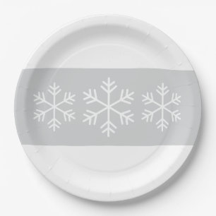 Chic Formal Light Gray White Stripes Schneeflocken Pappteller