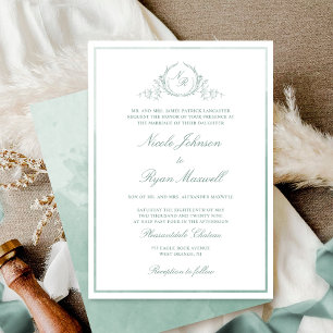 Chic Formal Monogram Pale Green Watercolor Wedding Einladung
