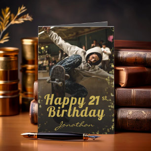 Chic Foto Black & Gold Happy Birthday Card Karte