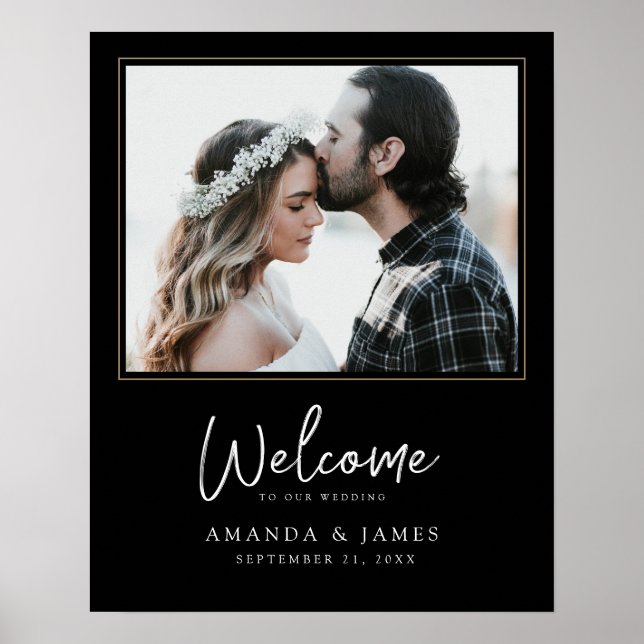 Chic Foto Black, White and Gold Wedding Willkommen Poster (Vorne)