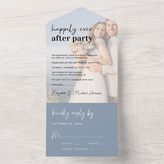 Chic Foto Dusty Blue Wedding Empfang All In One Einladung (Innen Boden)