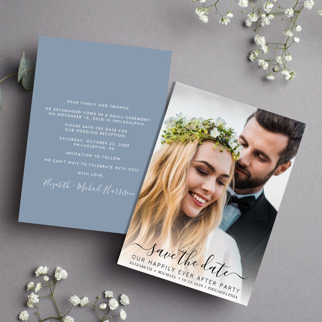 Chic Foto Dusty Blue Wedding Empfang Save The Date (A stylish save the date announcement for a reception to celebrate your elopement or private wedding )