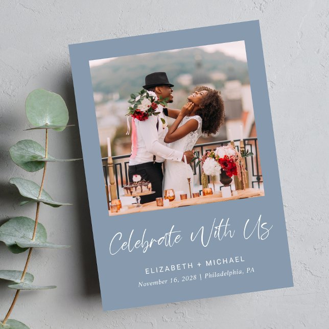 Chic Foto Dusty Blue Wedding Reception Einladung (Celebrate your love story with a reception invitation showcasing your favorite wedding photo)
