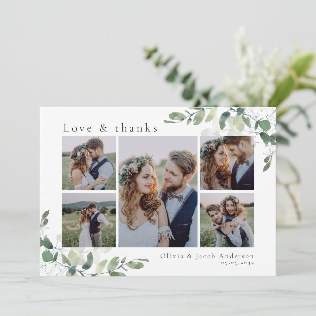 Chic Foto Eucalyptus Wedding Dankeschön-Karte Dankeskarte (Stehend Vorderseite)