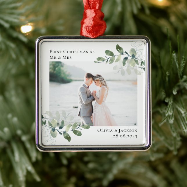 Chic Foto Eucalyptus Wedding Ornament Aus Metall (Baum)