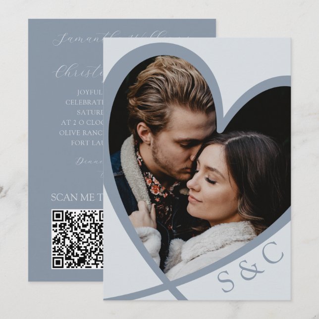 Chic Foto Heart Dusty Blue Wedding Einladung (Vorne/Hinten)