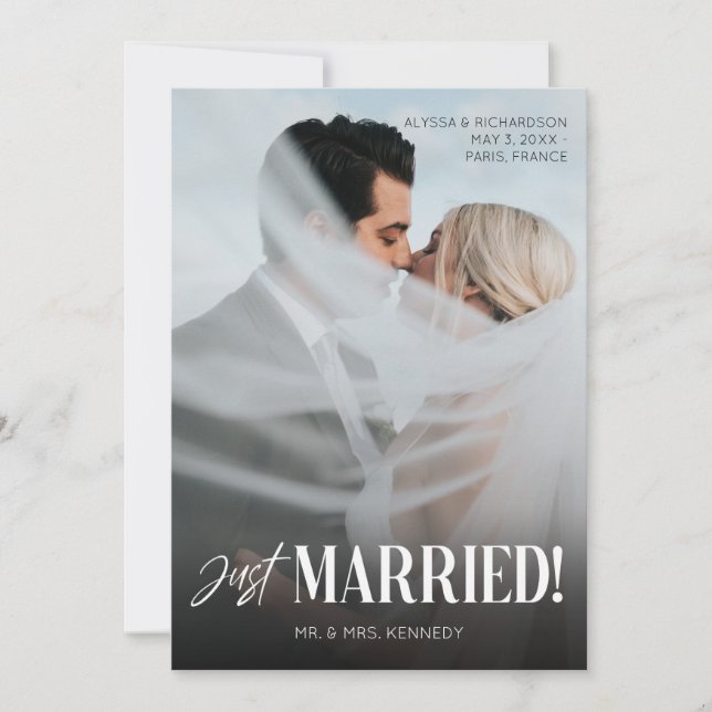 Chic Foto & Just Married Typografy Einladung (Vorderseite)