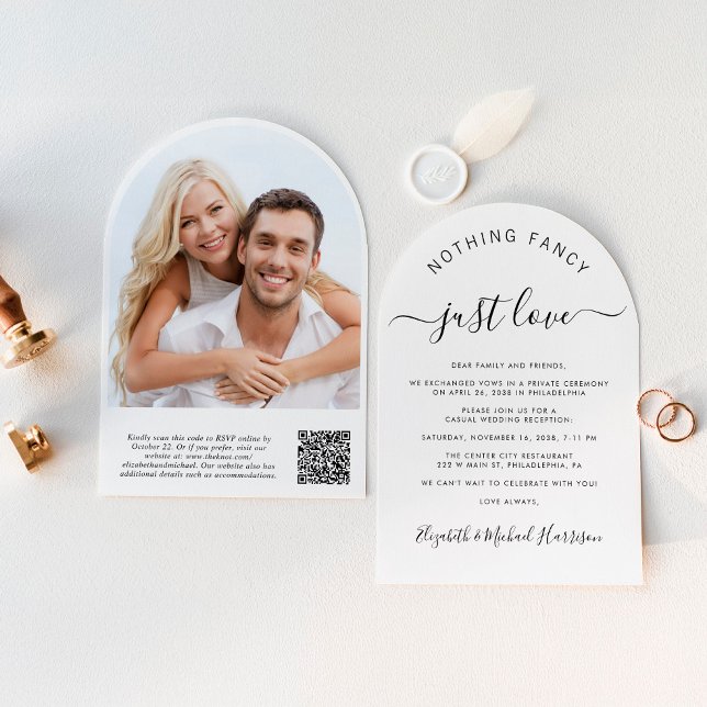Chic Foto QR Code Arch Wedding Reception Einladung (Celebrate your love story with a chic arch-shaped elopement announcement and reception invitation)