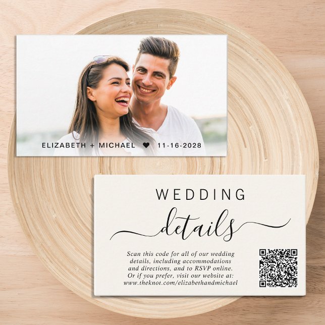 Chic Foto QR Code Cream Wedding Details Begleitkarte (Our user-friendly template will generate your QR code automatically from your website address)