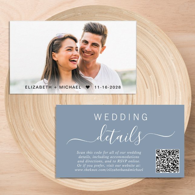 Chic Foto QR Code Dusty Blue Wedding Details Begleitkarte (Our user-friendly template will generate your QR code automatically from your website address)