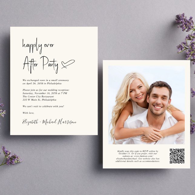 Chic Foto QR Code Hochzeitsempfang Einladung (An chic Happily Ever After Party all-in-one invitation for your wedding celebration)