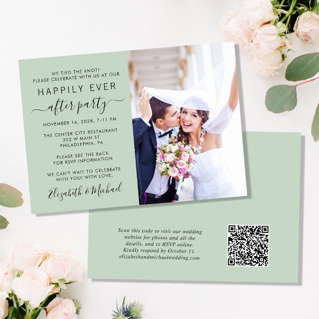 Chic Foto QR Code Sage Wedding Reception Einladung (Von Creator hochgeladen)